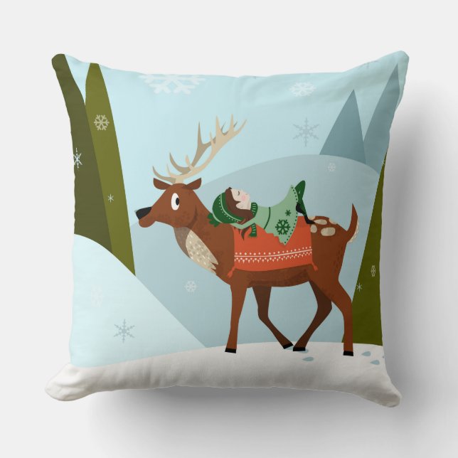 Almofada Winter deer and elf in snow Christmas tale fun art (Frente)