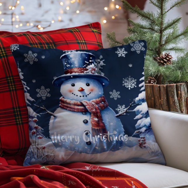 Almofada Winter Forest Snowman Natal (Blue Winter Forest Snowman Christmas Throw Pillow)