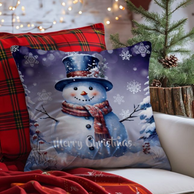 Almofada Winter Forest Snowman Natal | Roxa (Purple Winter Forest Snowman Christmas Throw Pillow)