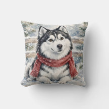 Winter Husky Gift Watercolor Snowy Red Scarf Art
