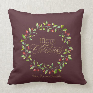 Almofada Winter Red Berries Wreath Dourado Feliz Natal