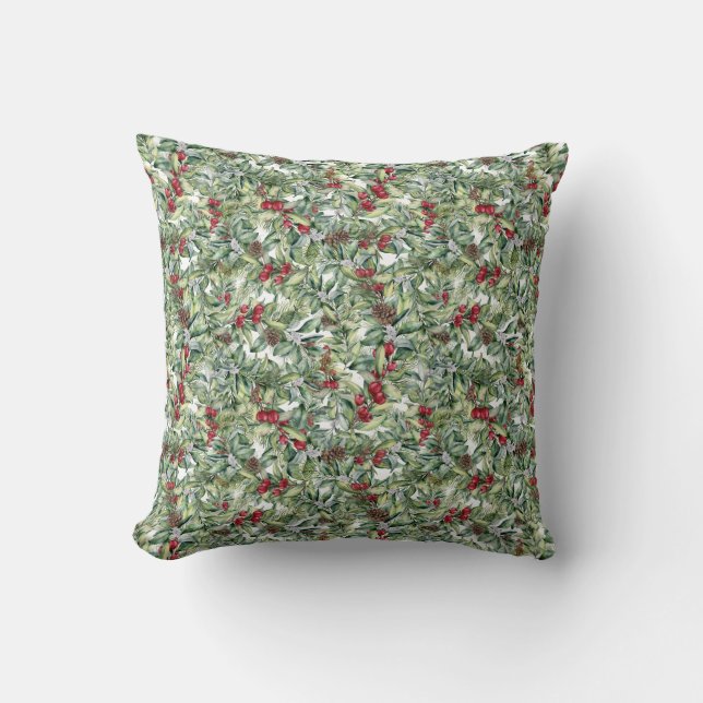 Almofada Winterberry Holly, Red Berries, Pine Cones (Frente)