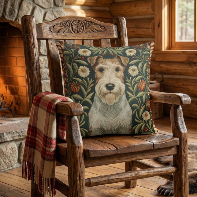 Almofada Wire Fox Terrier em estilo floral William Morris (Approximates 20 inch size.)