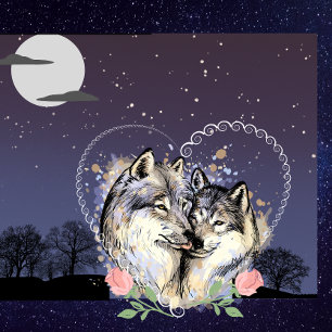Almofada Wolf Couple Moon & Stars Throw Pillow