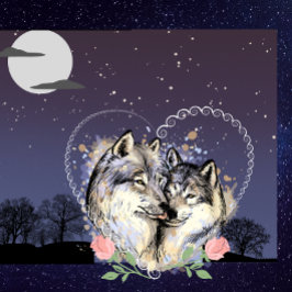 Almofada Wolf Couple Moon & Stars Throw Pillow
