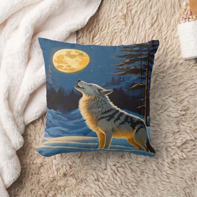 Almofada Wolf Howling em lua cheia na paisagem de inverno (Cobertor)
