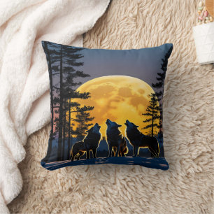 Almofada Wolves Howling Sob uma lua cheia na noite de inver