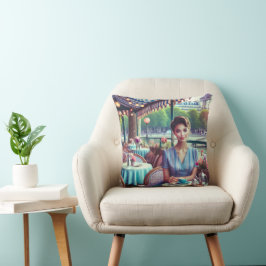 Almofada Woman in restaurant Throw Pillow