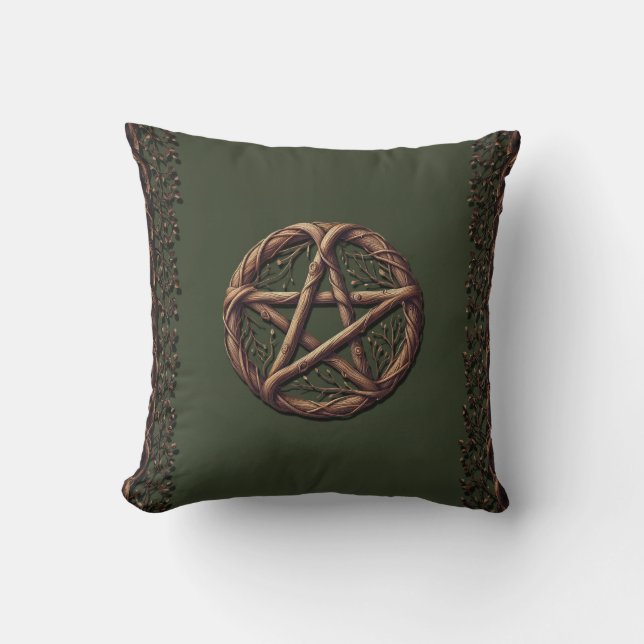 Almofada Wood Twig Pentacle Olive Green Wiccan (Frente)
