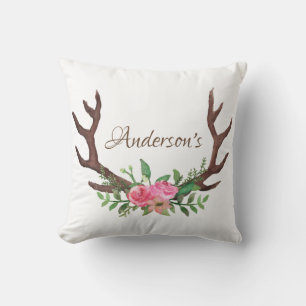 Almofada Woodland Rosa Floral Deer Buck Antlers