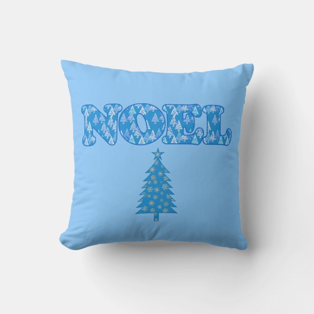 Almofada Word Art - Noel Padrão com Árvores Azul Claro (Frente)