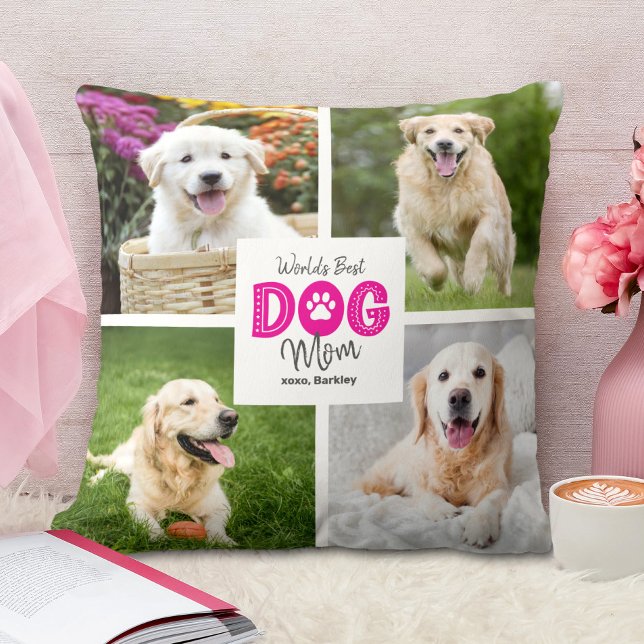 Almofada World’s Best Dog Mom 4 Photo Pink on White Custom (Criador carregado)