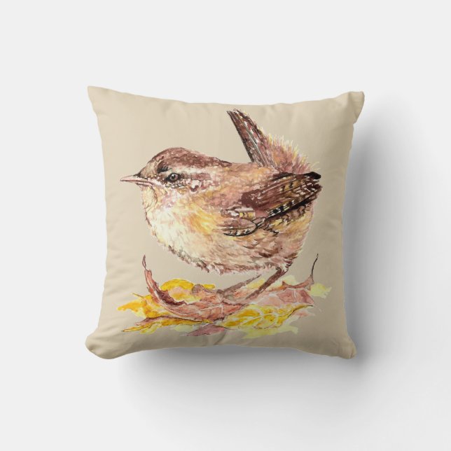 Almofada Wren (Original Watercolor Bird Cute House) (Frente)