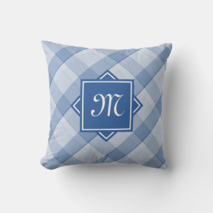 Almofada Xadrez Azul Chic Com Monograma Diagonal Moderno