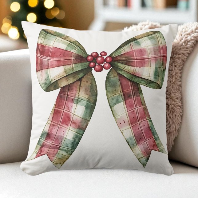 Almofada Xadrez de Água Arco de Natal Vermelho Verde Russo (Watercolor Plaid Christmas Bow Red Green Rustic Throw Pillow)