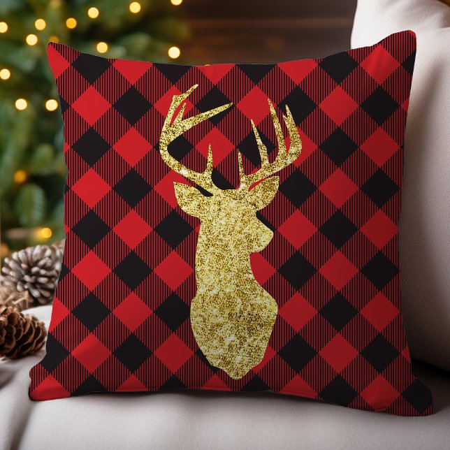 Almofada Xadrez de Búfalo e Veado Dourado Natal (Criador carregado)