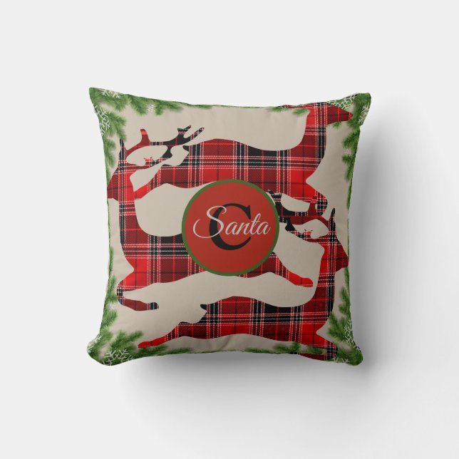Almofada Xadrez de Buffalo Reindeer Pine Boughs Monograma (Frente)