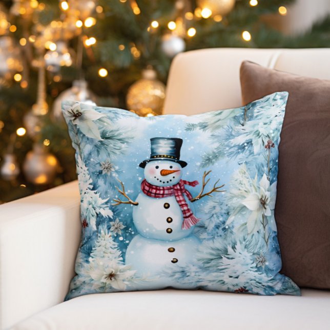 Almofada Xadrez de Buffalo Snowman Winter Snow (Decorator pillow with a cute Christmas snowman wearing a buffalo plaid scarf and black top hat.)