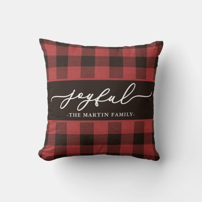Almofada Xadrez de Buffalo Vermelho com Natal feliz (Frente)