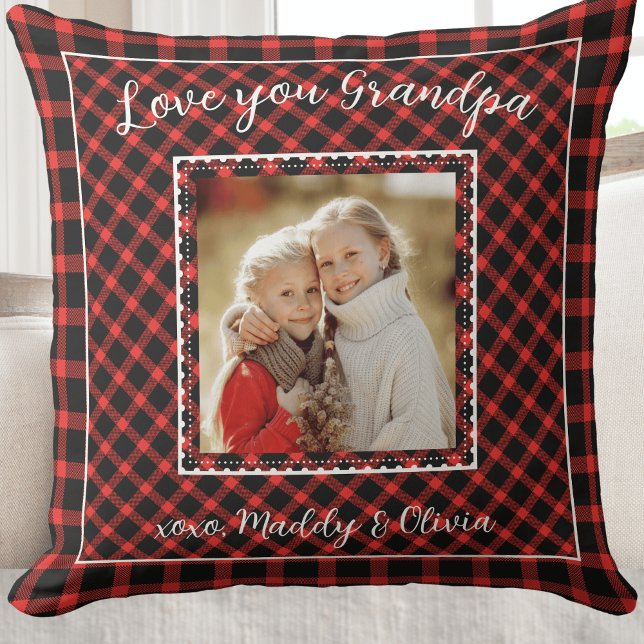 Almofada Xadrez de Fotografia do Vovô Red Buffalo (Grandpa Red Buffalo Plaid Photo Pillow)