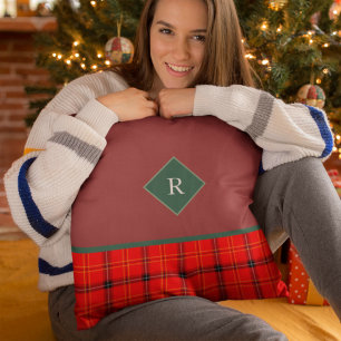 Almofada Xadrez de Natal Vermelha e Verde, Tartan Monograma