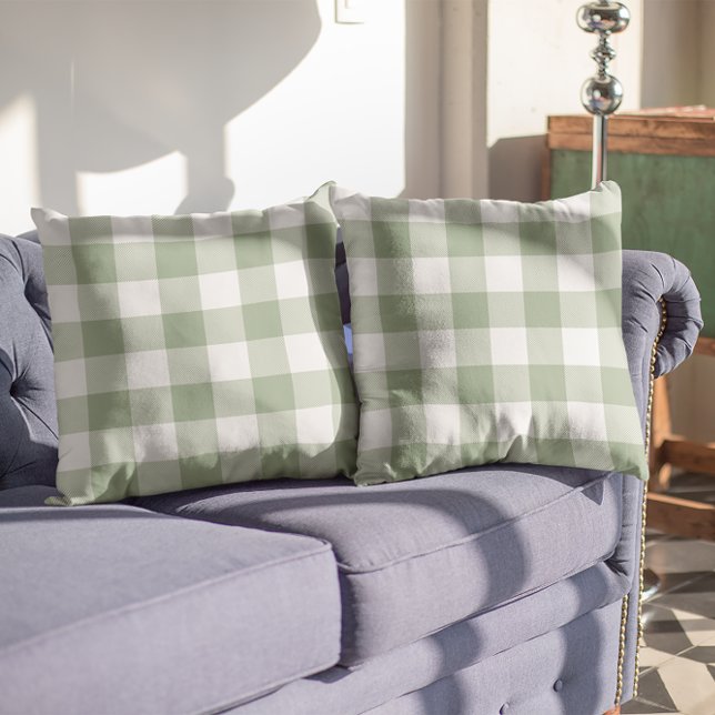 Almofada Xadrez de Sage Green e White Gingham (Sage Green and White Gingham Plaid Throw Pillow)