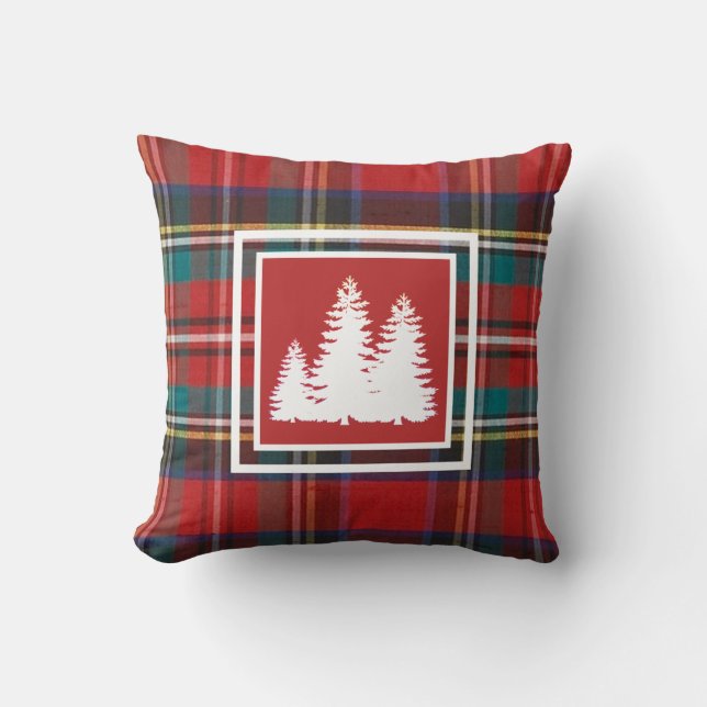 Almofada Xadrez De Tartan Vermelho Com Silhueta De Árvore D (Frente)