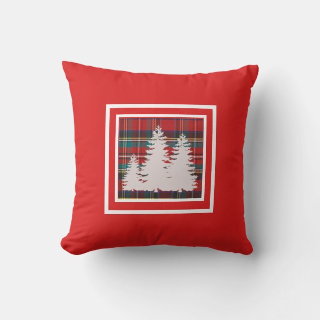 Almofada Xadrez De Tartan Vermelho Com Silhueta De Árvore D (Frente)
