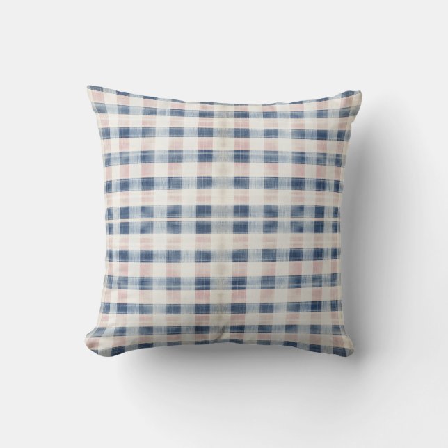 Almofada Xadrez Distressed rosa e cinza azul (Frente)