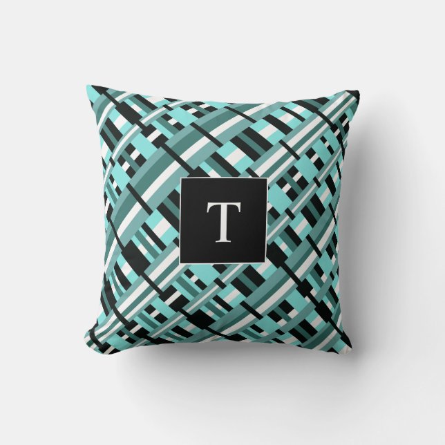 Almofada Xadrez em Aqua, Teal, Monograma Preto e Branco (Frente)