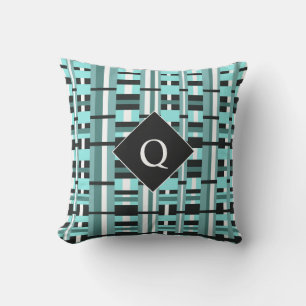 Almofada Xadrez em Aqua, Verde-azulado, Preto e Monograma B