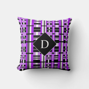 Almofada Xadrez em Monograma de Roxo, Preto e Cinza