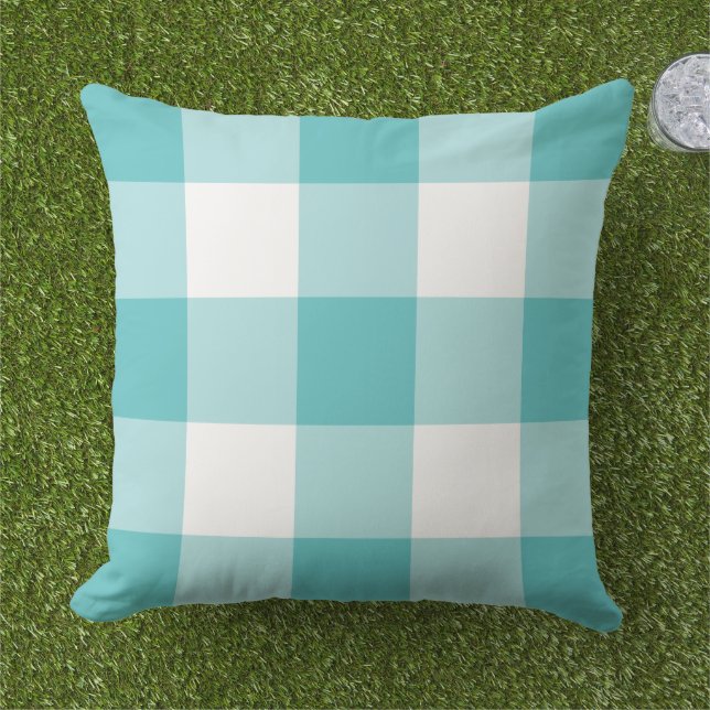 Almofada Xadrez Gingham Branco Turquesa Ousado Grande (Grama)