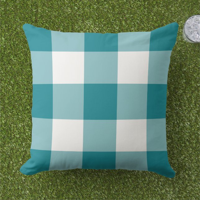 Almofada Xadrez Grande Branco Azul Turquesa Clássico (Grama)