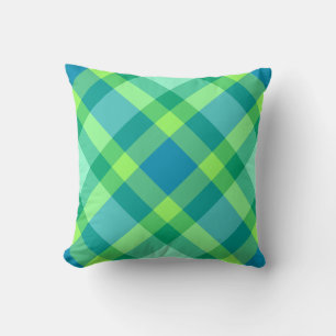 Almofada Xadrez moderna do século médio - verde-jade e azul