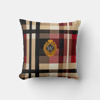 Almofada Xadrez monograma clássico, Na moda bege vermelho e