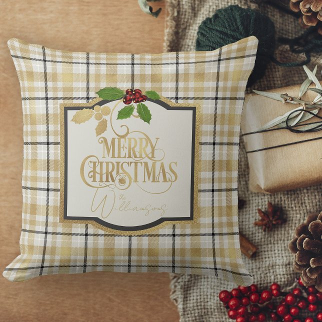 Almofada Xadrez Preta Dourada Branca com Nome Natal (Christmas pillows personalized Christmas throw pillow for couch)