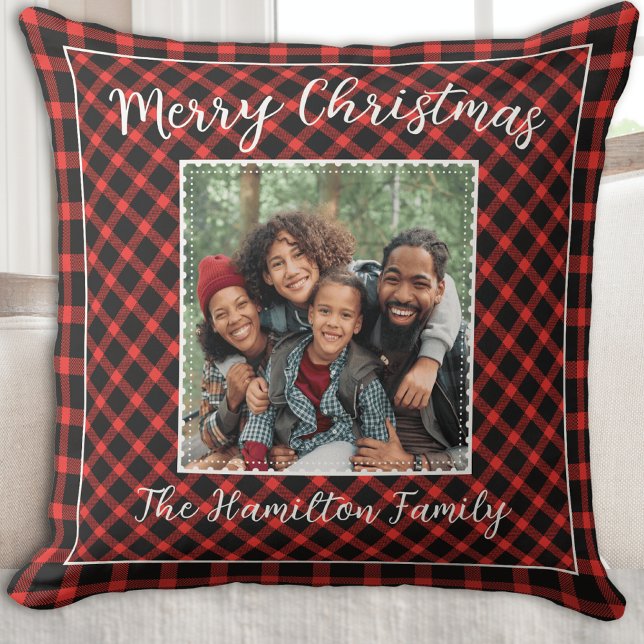Almofada Xadrez Red Buffalo Feriado Familiar (Merry Christmas Family Photo in Red Plaid)