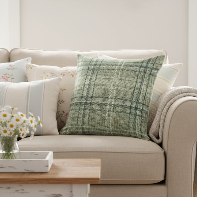 Almofada Xadrez Russo Moderno de Burlap Verde (Criador carregado)
