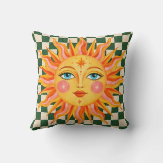 Almofada Xadrez Verde Sol Celestial Retro