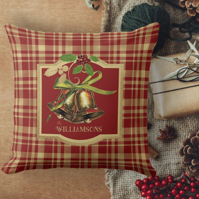 Almofada Xadrez Vermelha E Dourada Feliz Golpe De Natal (Christmas pillows, Personalized Christmas throw pillows for holiday decor)