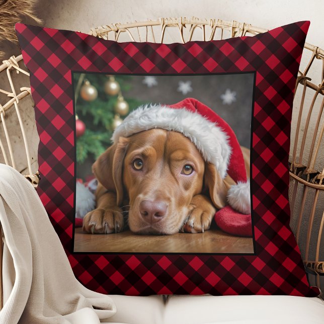 Almofada Xadrez Vermelha Natal Pet Dog Foto Personalizada (Criador carregado)
