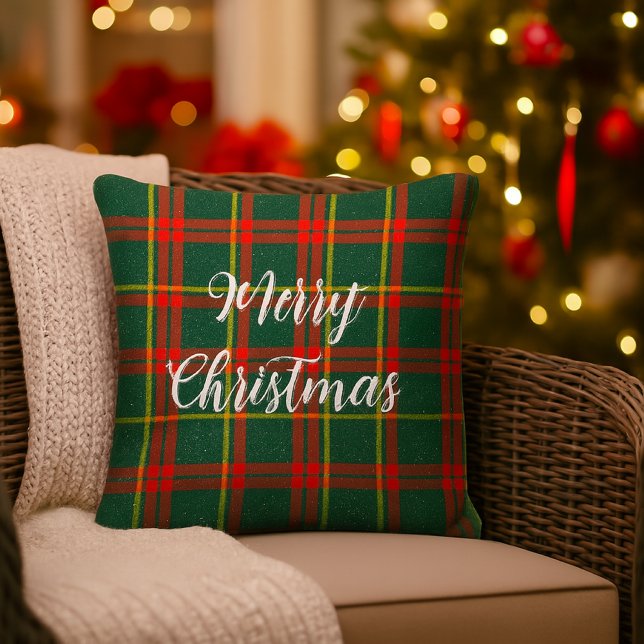 Almofada Xadrez Vermelho Verde do Natal  (Red and green tartan porch or patio pillow with Merry Christmas  slogan. )