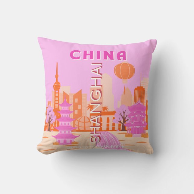 Almofada Xangai China Viagem Arte Rosa (Frente)
