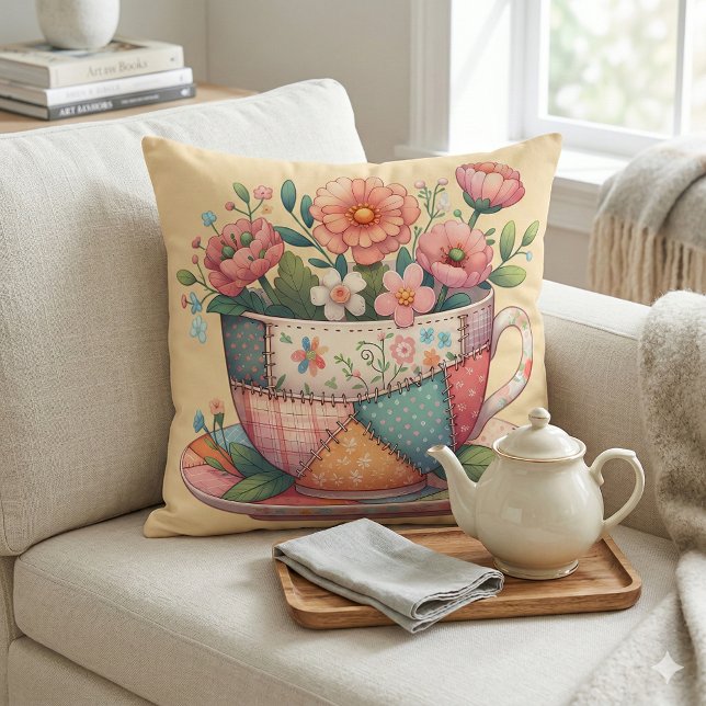 Almofada Xícara de Remendo com Flores Caprichosas (Patchwork Teacup with Whimsical Flowers Throw Pillow Mockup A)