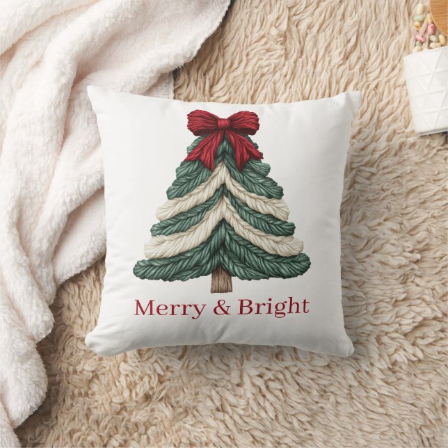 Almofada Yarn Faux Embroidery Christmas Tree Merry Bright (Cobertor)