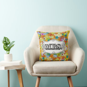 Almofada Yellow Modern Mrs Bride Floral Travesseiro