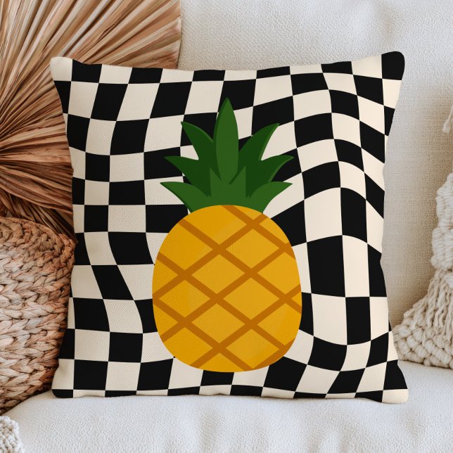 Almofada Yellow Pineapple on Black& White Checkered Pattern (Criador carregado)