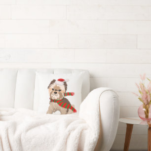 Almofada Yorkie De Natal Adorável Em Santa Hat