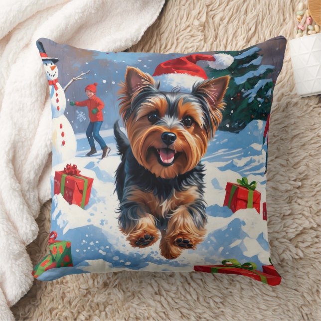 Almofada Yorkshire Terrier na Neve com Chapéu de Natal (Cobertor)